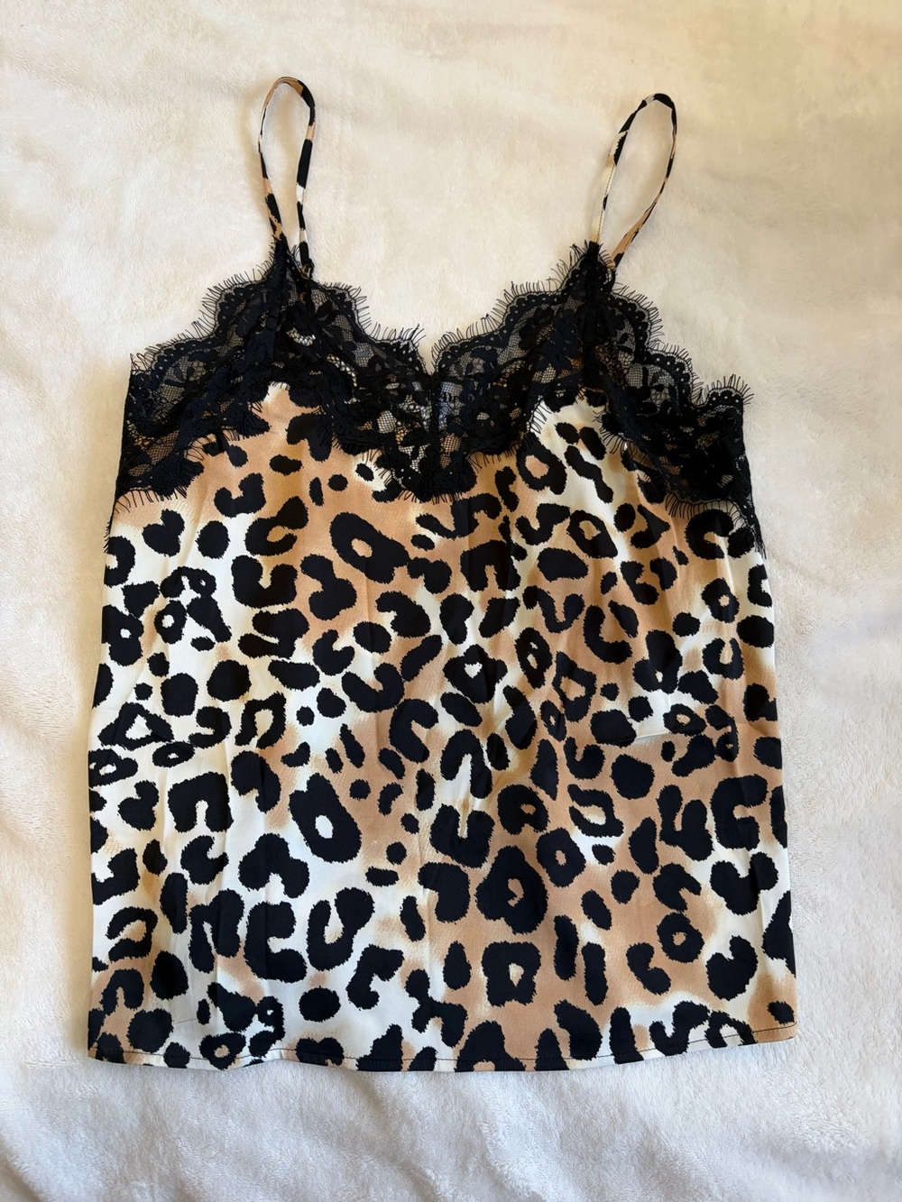 Leopard Satin Lace Cami Tank Top - Black/Tan
